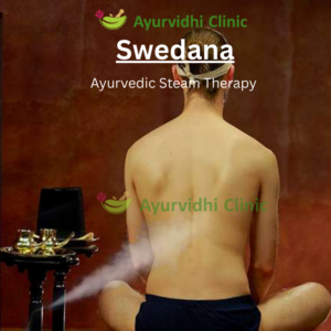 Ayurvidhi Clinic image showing Swedana Ayurvedic steam therapy, with herbal steam applied to the back for detoxification, pain relief, and dosha balance.