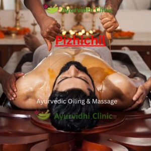 Ayurvidhi Clinic image showing Pizhichil Ayurvedic therapy with warm medicated oil poured over the body, promoting detoxification, pain relief, and nervous system rejuvenation