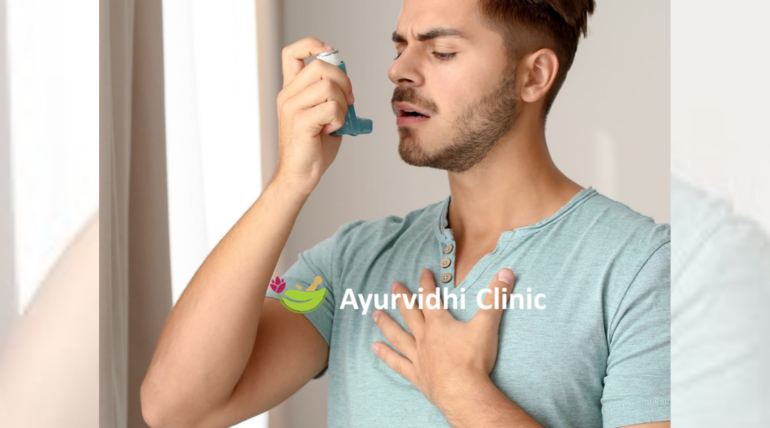Ayurvidhi Clinic image showing a man using an inhaler due to asthma, promoting natural Ayurvedic and Panchakarma treatment for asthma and respiratory relief.