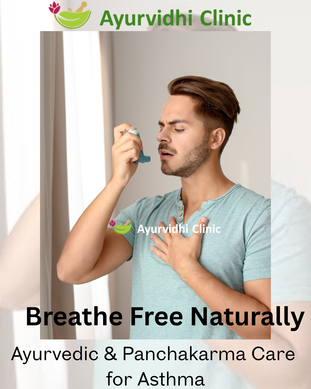 Ayurvidhi Clinic image showing a man using an inhaler due to asthma, promoting natural Ayurvedic and Panchakarma treatment for asthma and respiratory relief.