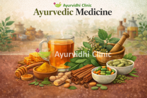 “Ayurvedic medicine with herbal tea, turmeric, honey, ginger, cinnamon, medicinal herbs, and tablets representing natural healing at Ayurvidhi Clinic.”