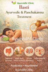 “Basti therapy being administered as an Ayurvedic Panchakarma treatment for digestive, urinary, gynecological, and lower back disorders at Ayurvidhi Clinic.”