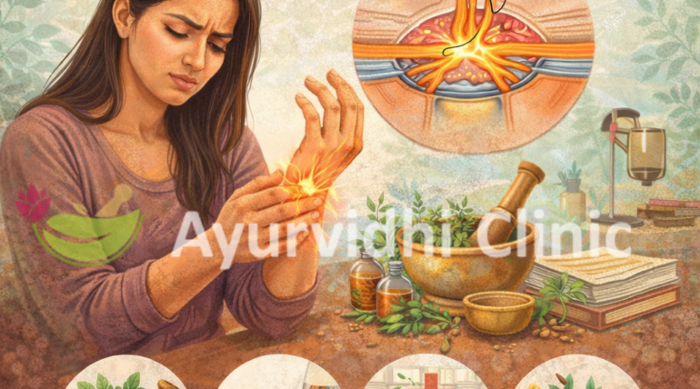 “Carpal Tunnel Syndrome illustration showing wrist nerve compression and Ayurvedic & Panchakarma treatment approach including herbal remedies, oil therapies, Panchakarma, and lifestyle modifications at Ayurvidhi Clinic.”