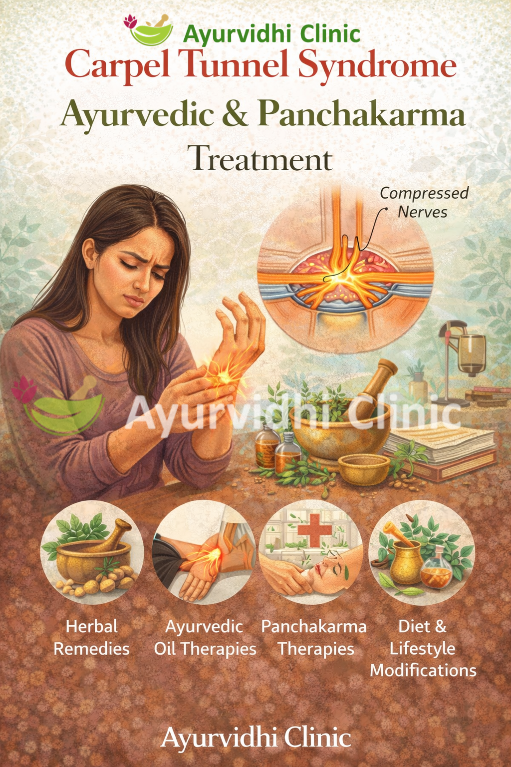 “Carpal Tunnel Syndrome illustration showing wrist nerve compression and Ayurvedic & Panchakarma treatment approach including herbal remedies, oil therapies, Panchakarma, and lifestyle modifications at Ayurvidhi Clinic.”