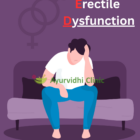 Ayurvidhi Clinic image showing a sad man sitting on a sofa representing erectile dysfunction, with the text ‘Erectile Dysfunction – Overcome ED Naturally with Ayurveda & Panchakarma.