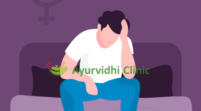 Ayurvidhi Clinic image showing a sad man sitting on a sofa representing erectile dysfunction, with the text ‘Erectile Dysfunction – Overcome ED Naturally with Ayurveda & Panchakarma.