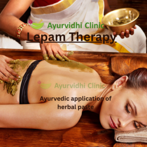 “Lepam Therapy being performed with herbal paste application as an Ayurvedic Panchakarma treatment for pain relief and inflammation management at Ayurvidhi Clinic.”