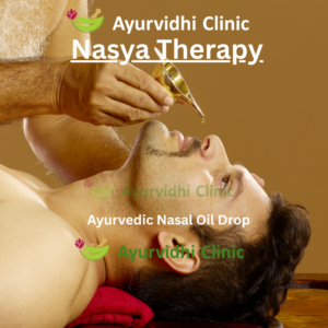 “Nasya therapy being performed with Ayurvedic nasal oil drops for sinus, migraine, and respiratory relief at Ayurvidhi Clinic.”