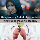Ayurvidhi Clinic promotional image showing a person wearing a mask in polluted air and a doctor holding a 3D illustration of human lungs, highlighting Ayurvedic respiratory relief for poor air quality