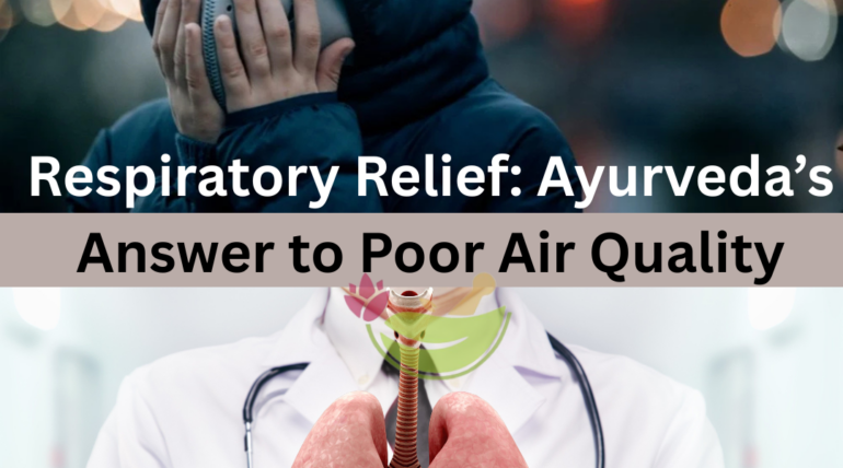 Ayurvidhi Clinic promotional image showing a person wearing a mask in polluted air and a doctor holding a 3D illustration of human lungs, highlighting Ayurvedic respiratory relief for poor air quality