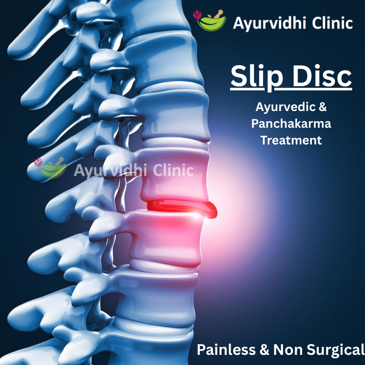 Ayurvidhi Clinic image showing a detailed spine with a highlighted slipped disc area, representing Ayurvedic and Panchakarma treatment for slip disc pain relief without surgery.