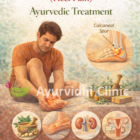 “Calcaneal spur (heel pain) illustration showing heel bone inflammation and Ayurvedic treatment approach using herbal remedies, medicated oil therapies, Panchakarma, and lifestyle modifications at Ayurvidhi Clinic.”