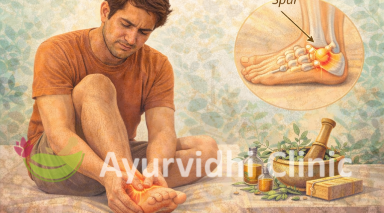 “Calcaneal spur (heel pain) illustration showing heel bone inflammation and Ayurvedic treatment approach using herbal remedies, medicated oil therapies, Panchakarma, and lifestyle modifications at Ayurvidhi Clinic.”