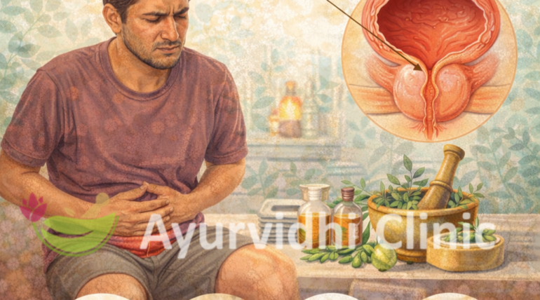 “Ayurvedic treatment for enlarged prostate (BPH) showing herbal remedies, dietary adjustments, detoxification therapies, and stress management to relieve prostate problems naturally at Ayurvidhi Clinic.”