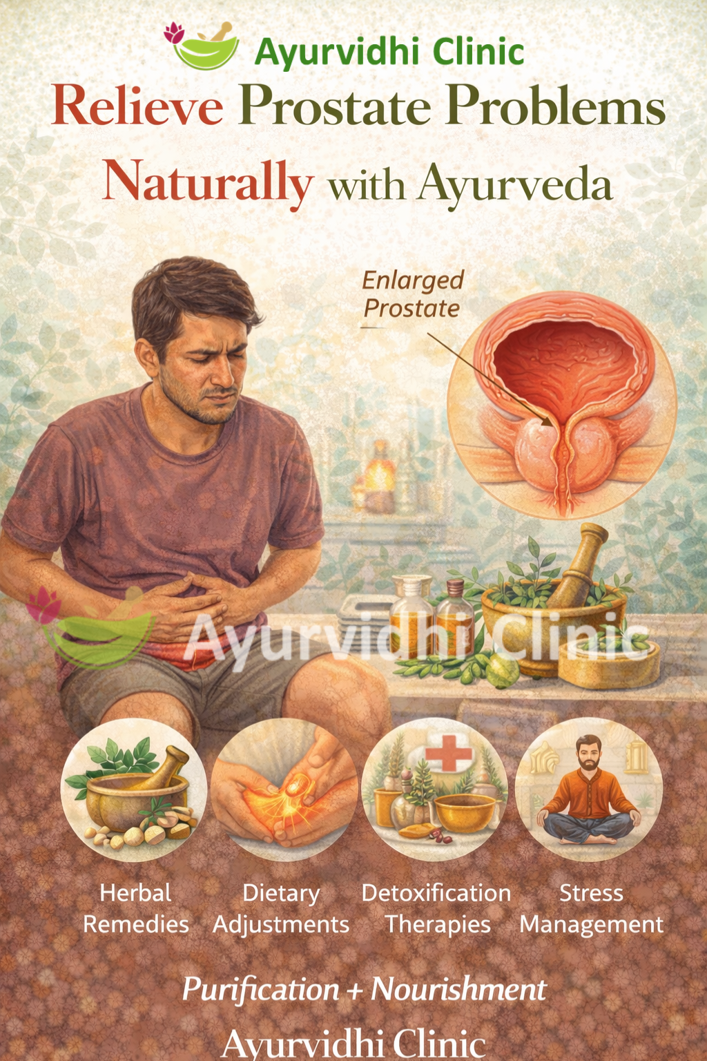 “Ayurvedic treatment for enlarged prostate (BPH) showing herbal remedies, dietary adjustments, detoxification therapies, and stress management to relieve prostate problems naturally at Ayurvidhi Clinic.”