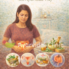 “Ayurvedic approach to uterine health showing a woman with highlighted uterus, herbal remedies, hormone balance, detoxification therapies, and fertility enhancement at Ayurvidhi Clinic.”