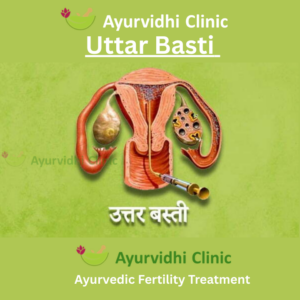 “Illustration of Uttar Basti Ayurvedic fertility treatment showing medicinal oil administration to the uterus for reproductive health and hormonal balance at Ayurvidhi Clinic.”
