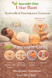 “Uttar Basti Ayurvedic Panchakarma treatment showing administration of medicated oil into the uterus to purify reproductive organs, balance hormones, improve fertility, and treat urinary tract disorders at Ayurvidhi Clinic.”