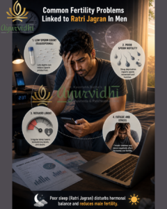 Man looking stressed at night using phone, highlighting fertility problems linked to Ratri Jagran such as low sperm count, poor sperm motility, reduced libido, and fatigue due to sleep deprivation.