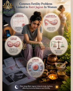 Stressed woman sitting at night showing fertility problems linked to Ratri Jagran including irregular menstruation, delayed ovulation, PCOS-like symptoms, hormonal imbalance, and reduced egg quality.