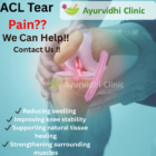 ACL tear knee injury illustration with highlighted ligament damage and Ayurvedic treatment benefits for pain relief and healing at Ayurvidhi Clinic.
