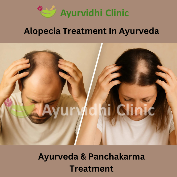“Before and after comparison of hair loss in men and women showing alopecia and Ayurvedic treatment approach at Ayurvidhi Clinic.”