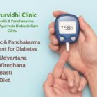 Hand holding a glucometer showing blood sugar level with Ayurvedic and Panchakarma diabetes treatment options including Udvartana, Virechana, Basti and diet at Ayurvidhi Clinic.
