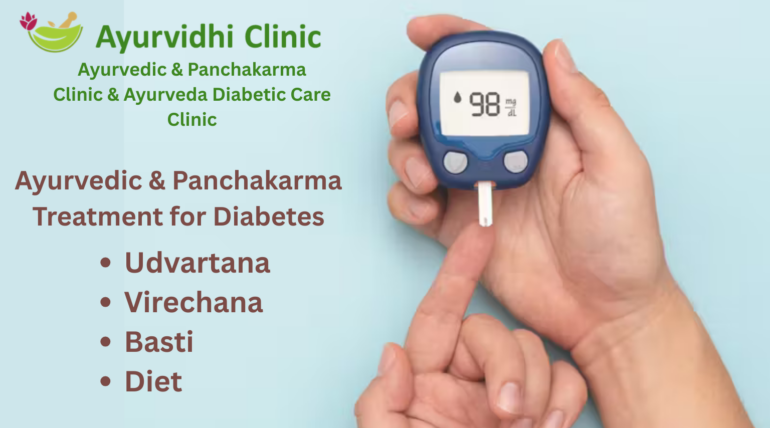 Hand holding a glucometer showing blood sugar level with Ayurvedic and Panchakarma diabetes treatment options including Udvartana, Virechana, Basti and diet at Ayurvidhi Clinic.