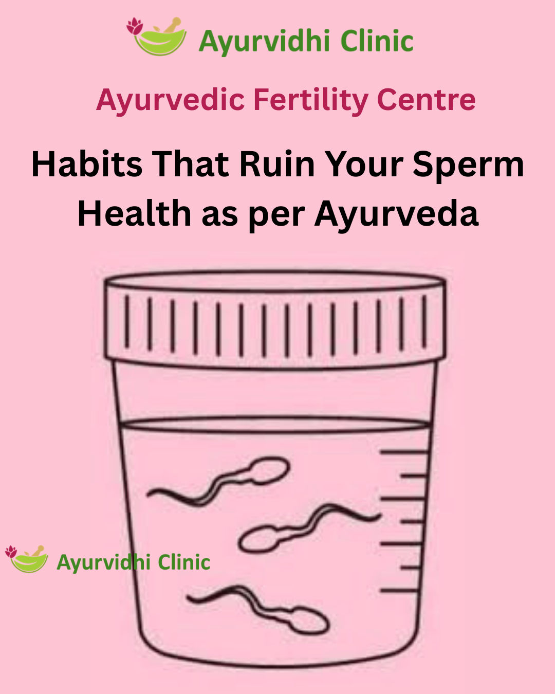 llustration of a semen sample container with sperm cells highlighting habits that negatively affect sperm health as per Ayurveda at Ayurvidhi Clinic.