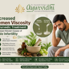 Illustration showing increased semen viscosity compared to normal viscosity with a stressed male and Ayurvedic herbs, highlighting Ayurvedic treatment for male infertility at Ayurvidhi Clinic.