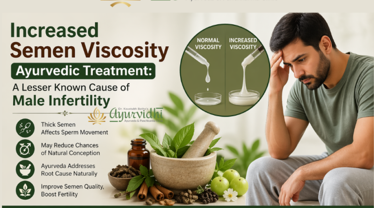 Illustration showing increased semen viscosity compared to normal viscosity with a stressed male and Ayurvedic herbs, highlighting Ayurvedic treatment for male infertility at Ayurvidhi Clinic.