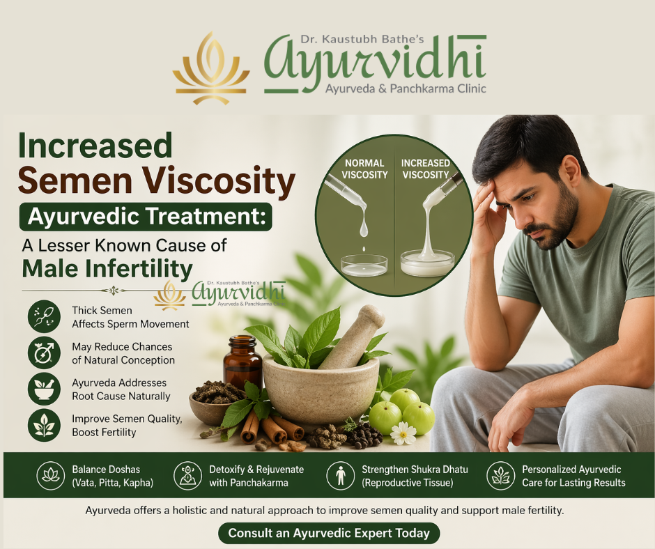 Illustration showing increased semen viscosity compared to normal viscosity with a stressed male and Ayurvedic herbs, highlighting Ayurvedic treatment for male infertility at Ayurvidhi Clinic.