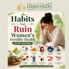 Illustration showing unhealthy lifestyle habits like stress, poor diet, late-night sleep, and irregular routine affecting women’s fertility health as per Ayurveda at Ayurvidhi Clinic.