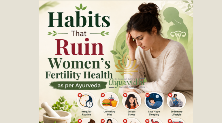 Illustration showing unhealthy lifestyle habits like stress, poor diet, late-night sleep, and irregular routine affecting women’s fertility health as per Ayurveda at Ayurvidhi Clinic.