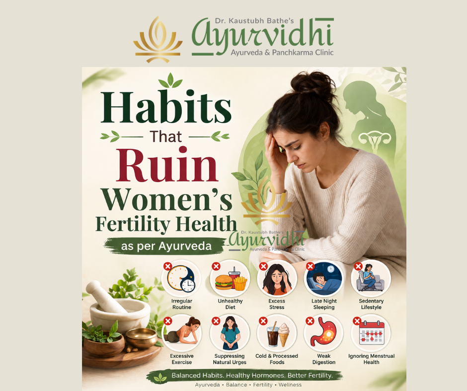 Illustration showing unhealthy lifestyle habits like stress, poor diet, late-night sleep, and irregular routine affecting women’s fertility health as per Ayurveda at Ayurvidhi Clinic.