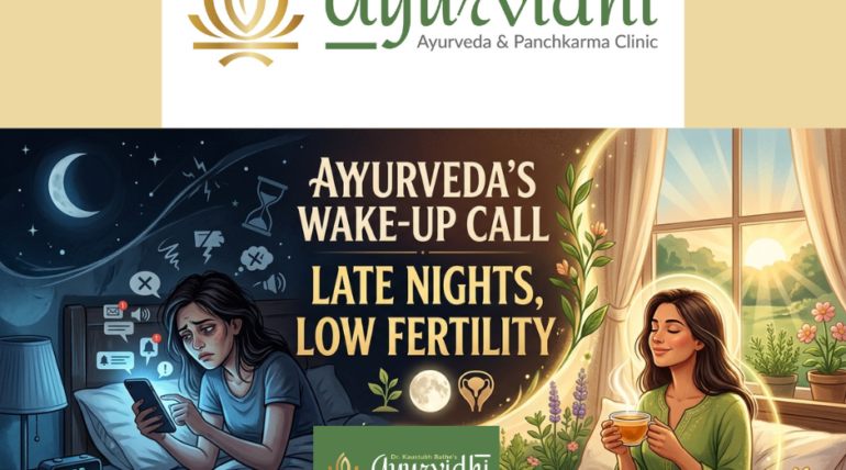 Illustration showing the impact of late-night screen use on fertility, contrasting a stressed woman using a phone at night with a calm morning Ayurvedic lifestyle promoting hormonal balance and natural fertility.