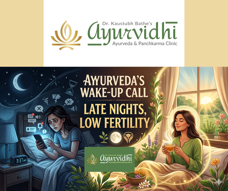 Illustration showing the impact of late-night screen use on fertility, contrasting a stressed woman using a phone at night with a calm morning Ayurvedic lifestyle promoting hormonal balance and natural fertility.