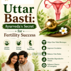 Illustration of Uttar Basti therapy in Ayurveda showing a female reproductive system, traditional Ayurvedic instruments, and a happy couple symbolizing improved fertility and reproductive health.