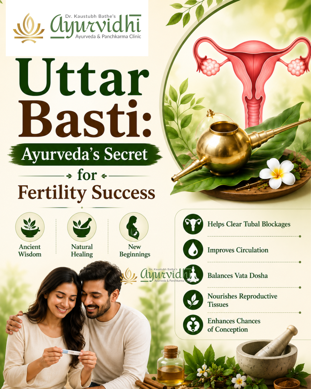 Illustration of Uttar Basti therapy in Ayurveda showing a female reproductive system, traditional Ayurvedic instruments, and a happy couple symbolizing improved fertility and reproductive health.