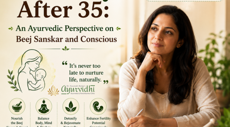 A thoughtful woman sitting at a desk writing in a notebook, representing fertility planning after age 35, alongside Ayurvedic herbs and branding promoting natural conception through Beej Sanskar and holistic healing.