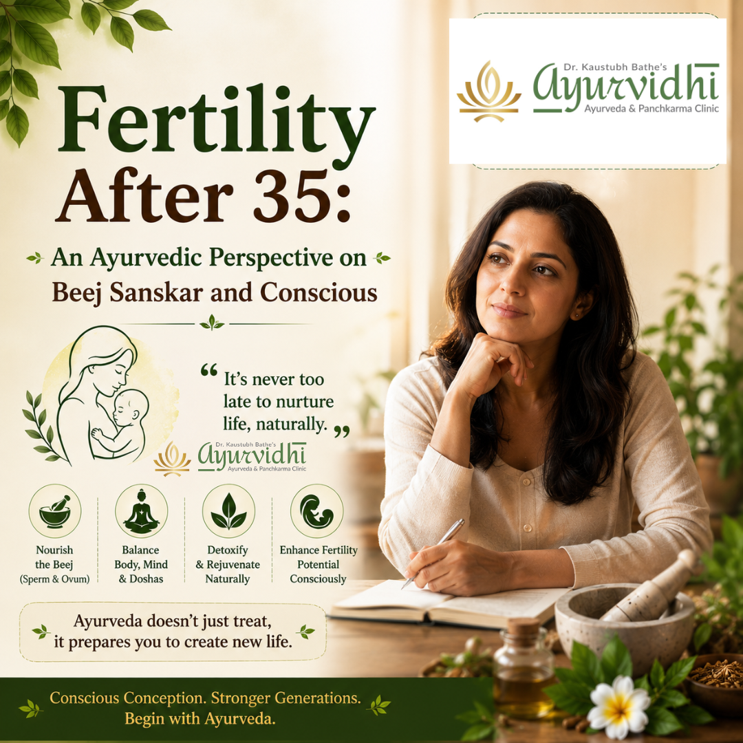 A thoughtful woman sitting at a desk writing in a notebook, representing fertility planning after age 35, alongside Ayurvedic herbs and branding promoting natural conception through Beej Sanskar and holistic healing.