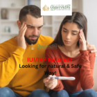 Distressed couple looking at a negative pregnancy test, representing IUI/IVF failure, with a message promoting natural and safe Ayurvedic fertility treatment.