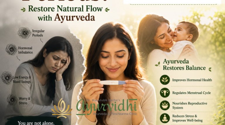 Woman smiling at a pregnancy test representing improved fertility, alongside a stressed woman symbolizing scanty periods, highlighting Ayurvedic treatment for hormonal balance and menstrual health.
