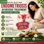 Woman experiencing severe abdominal pain due to endometriosis, with an illustration of the uterus and Ayurvedic herbs showing natural treatment and Panchakarma therapy for relief.