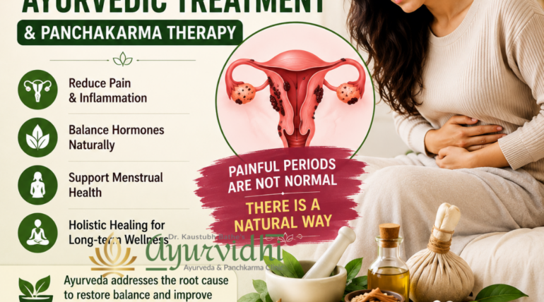 Woman experiencing severe abdominal pain due to endometriosis, with an illustration of the uterus and Ayurvedic herbs showing natural treatment and Panchakarma therapy for relief.