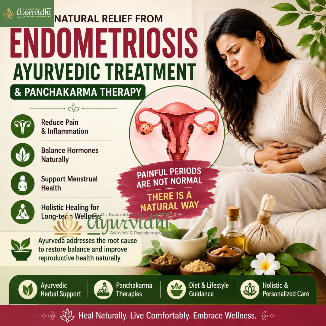 Woman experiencing severe abdominal pain due to endometriosis, with an illustration of the uterus and Ayurvedic herbs showing natural treatment and Panchakarma therapy for relief.