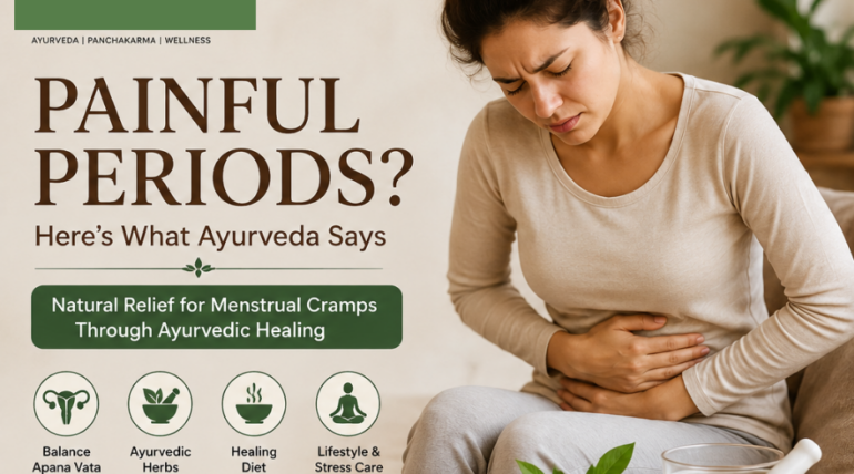 Woman experiencing painful menstrual cramps holding her abdomen, with Ayurvedic herbs and tea shown as natural remedies for period pain relief.