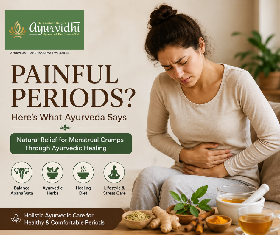 Woman experiencing painful menstrual cramps holding her abdomen, with Ayurvedic herbs and tea shown as natural remedies for period pain relief.