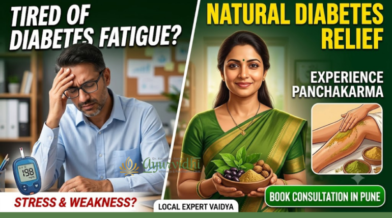 Man experiencing diabetes fatigue and stress alongside Ayurvedic doctor offering natural diabetes relief with Panchakarma treatment in Pune
