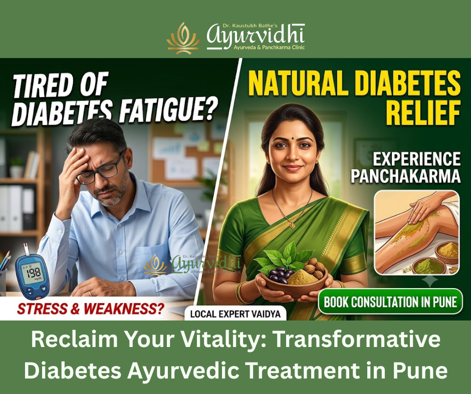 Man experiencing diabetes fatigue and stress alongside Ayurvedic doctor offering natural diabetes relief with Panchakarma treatment in Pune